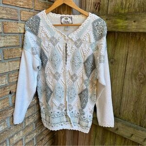 Vintage Tiara Women's Cream and Gray Chunky Knit Beaded Snowflake Cardigan